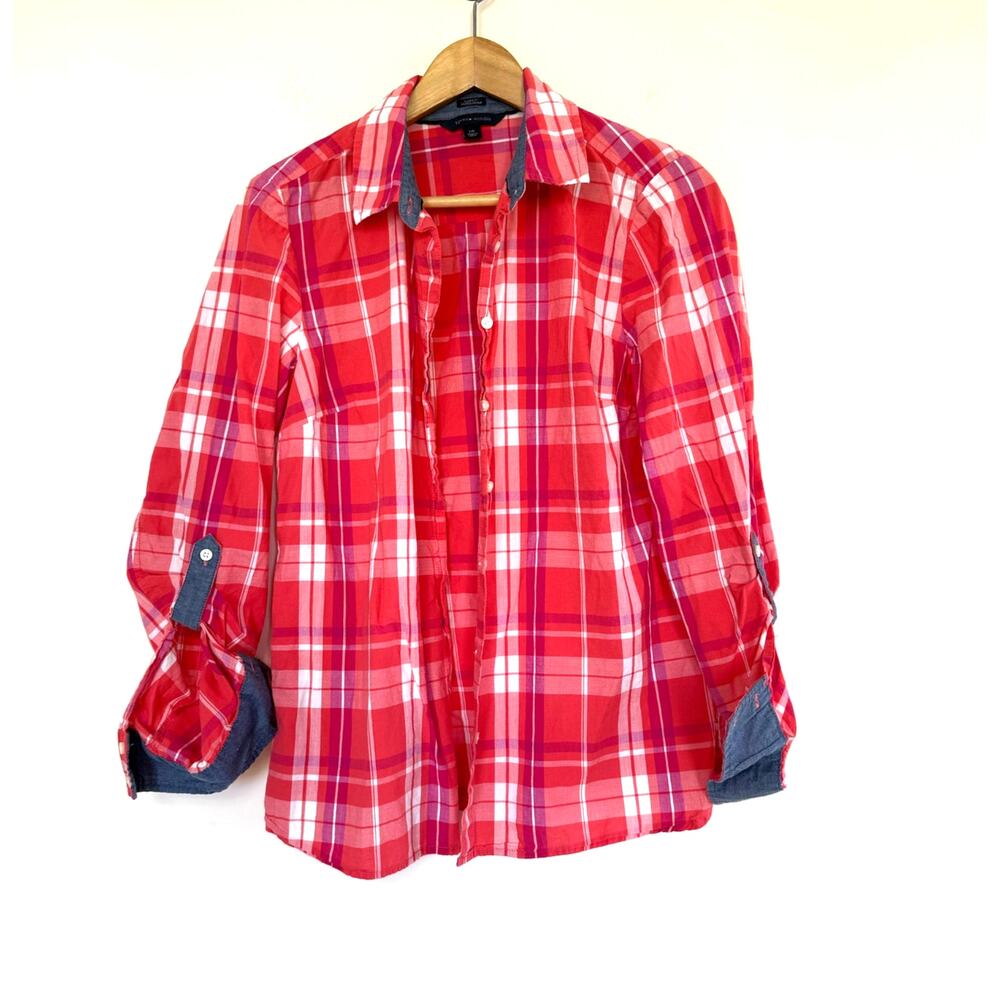TOMMY HILFIGER pink coral plaid 100% cotton classic fit button up blouse shirt